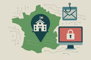 Illustration carte de France avec une collectivité locale ciblée par des cyberattaques, illustrant les risques de phishing et rançongiciel.